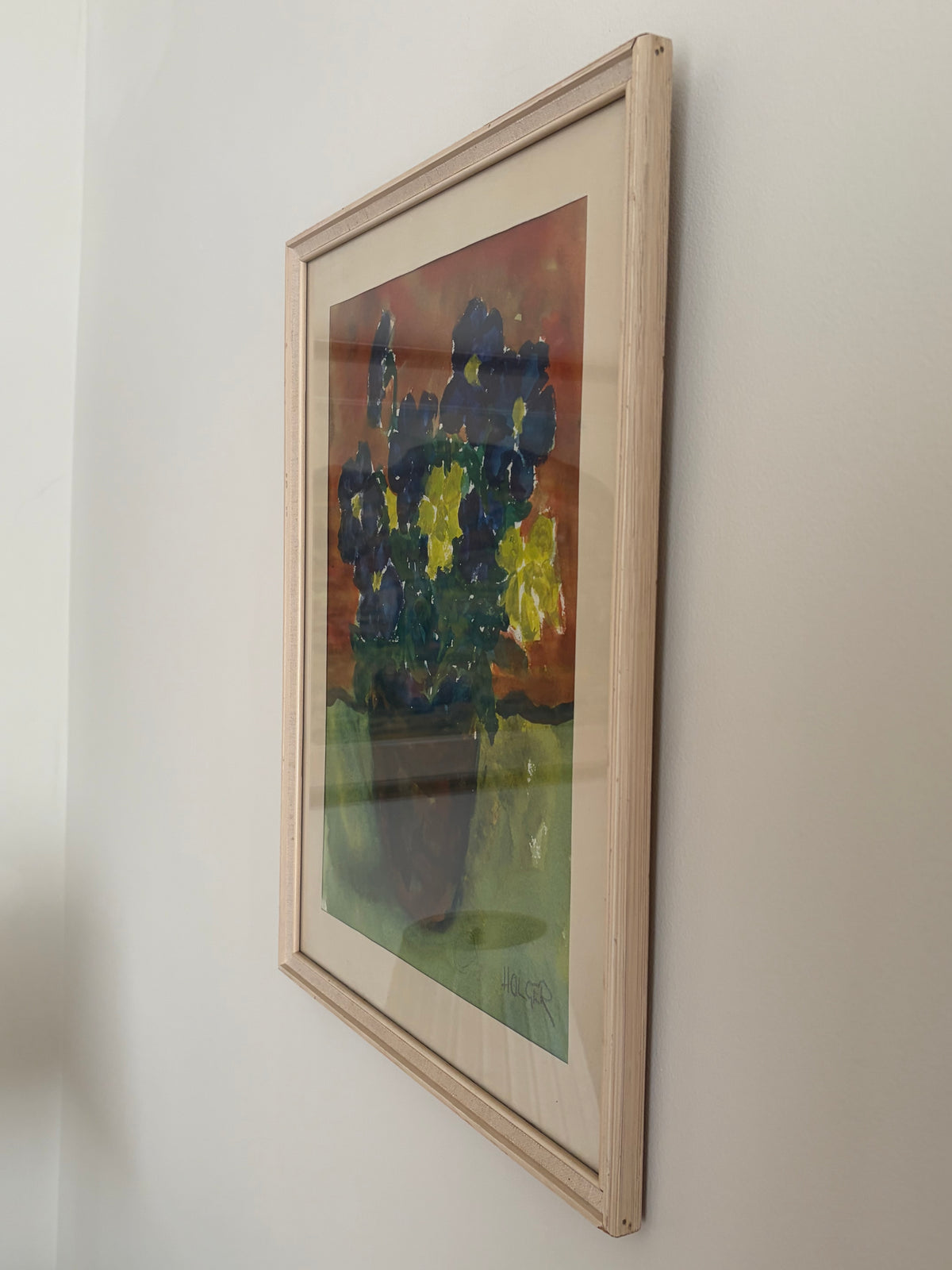 Vintage original framed gouache painting of blue and yellow flowers