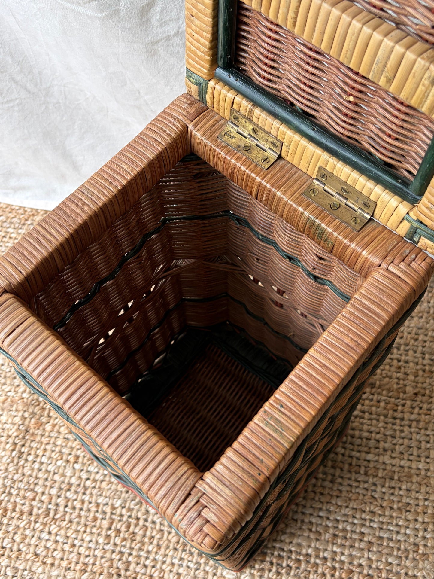 Vintage woven wicker vertical storage box with green pattern