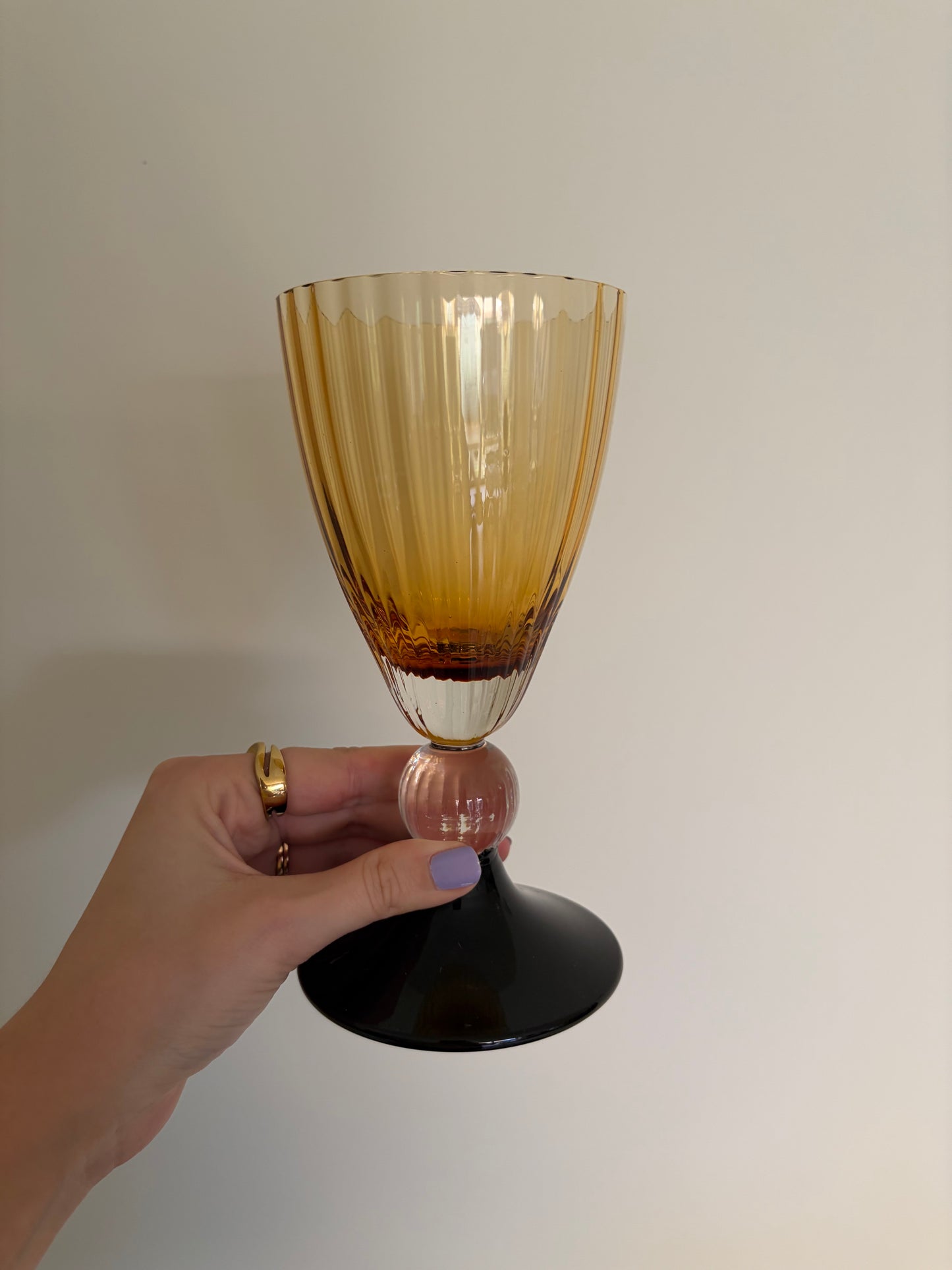 Art deco set of four vintage amber and black wine glasses