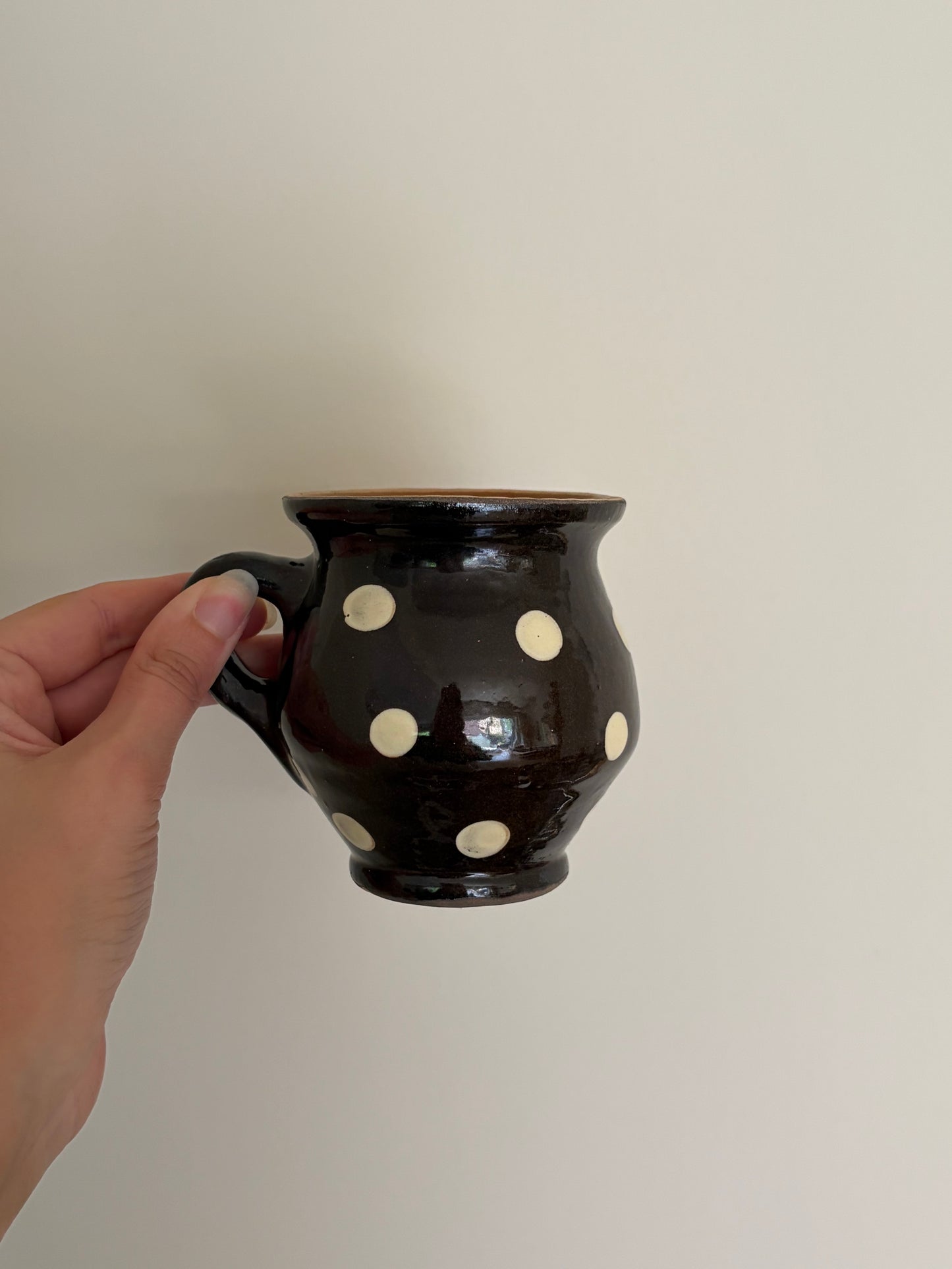 Romanian brown small jugs with cream dots — set of four