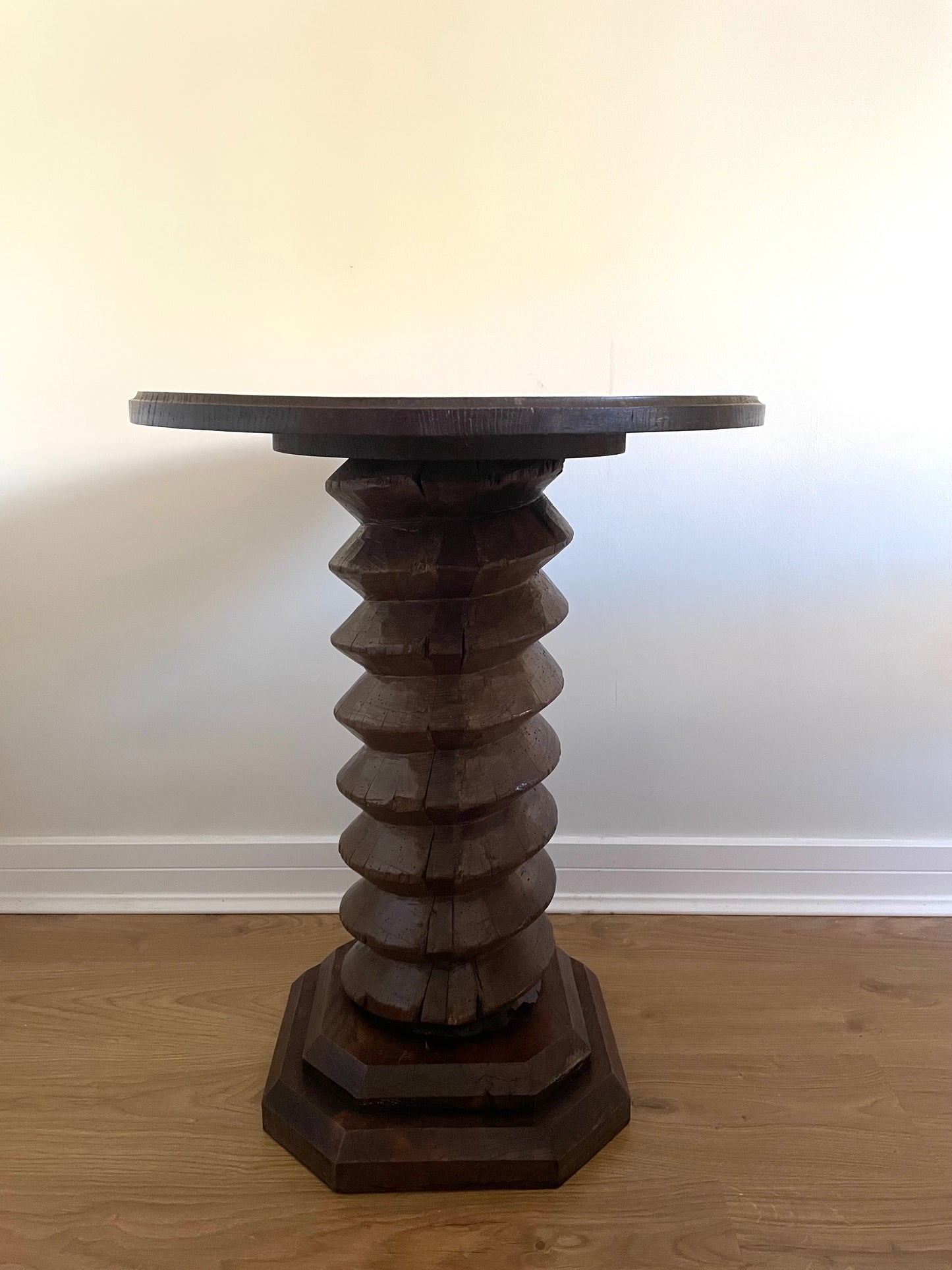Antique French solid oak spiral pedestal side table
