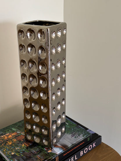 Vintage chrome rectangle vase with circle indents