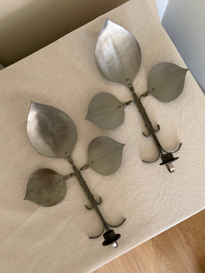 Pair of vintage pewter leaf shaped candle sconces
