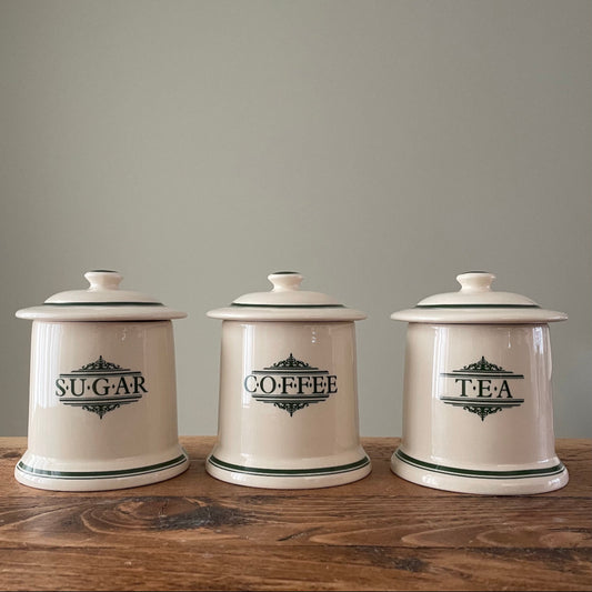 Set of vintage Victorian style cream and green canisters for tea, coffee and sugar