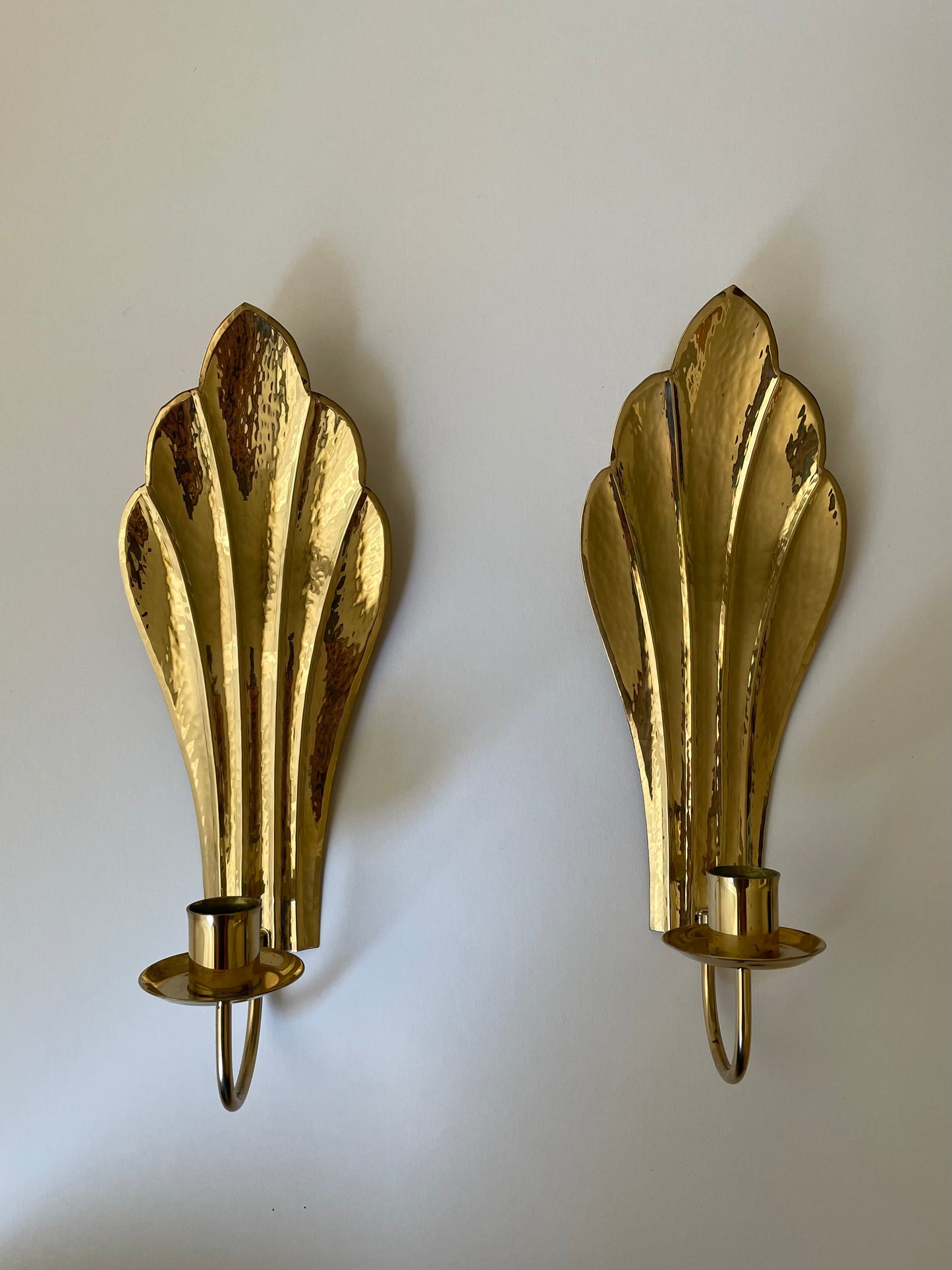 Brass hammered shell wall sconces