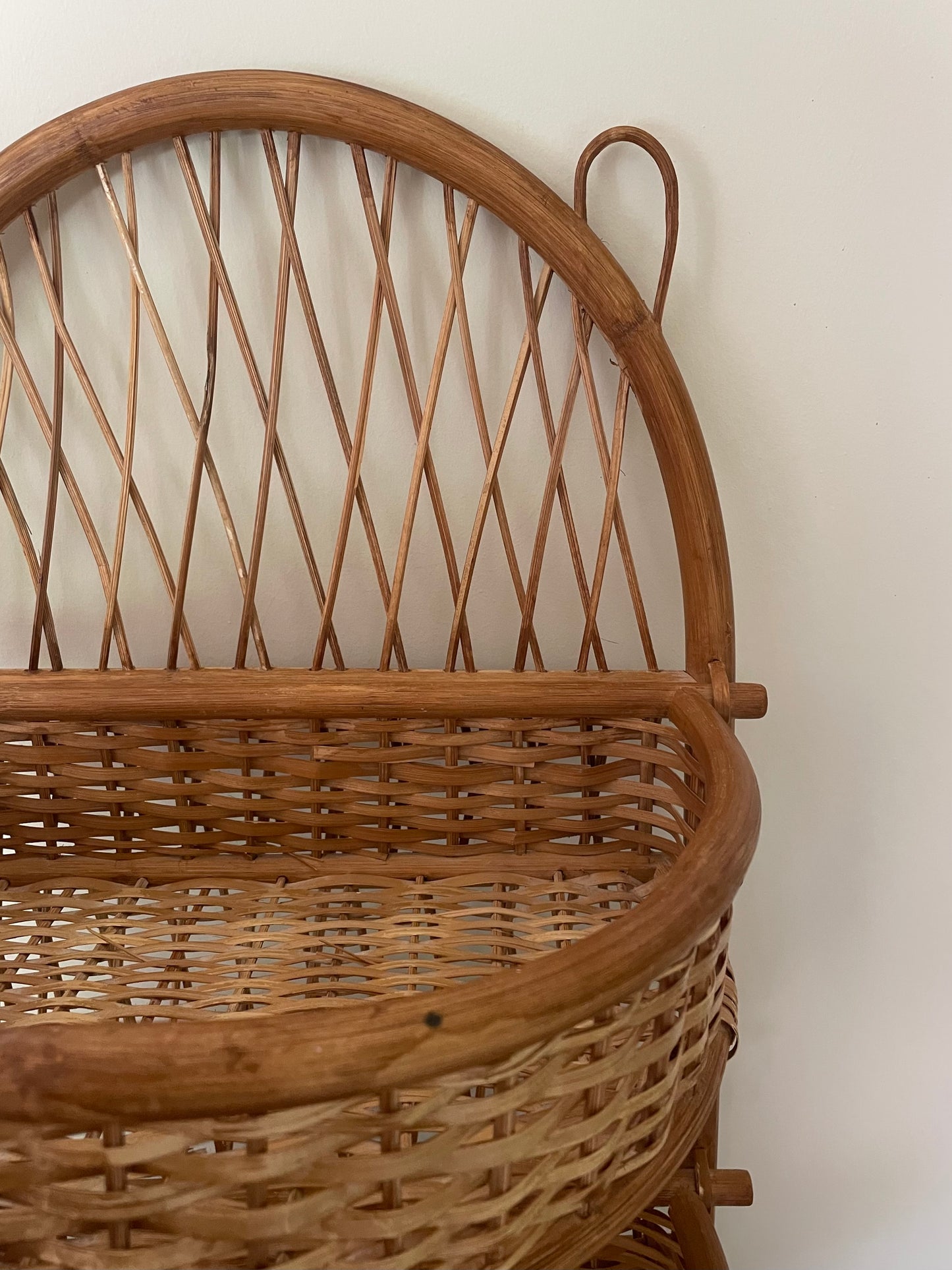 Three tiered vintage bamboo and rattan wall hung shelf