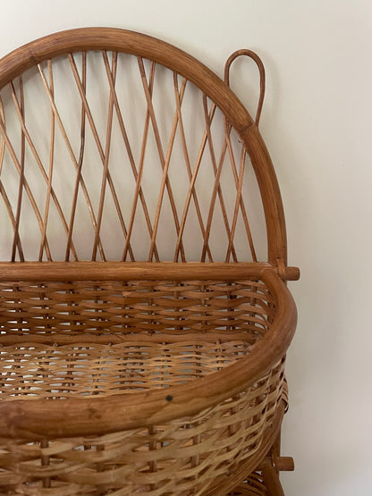 Three tiered vintage bamboo and rattan wall hung shelf