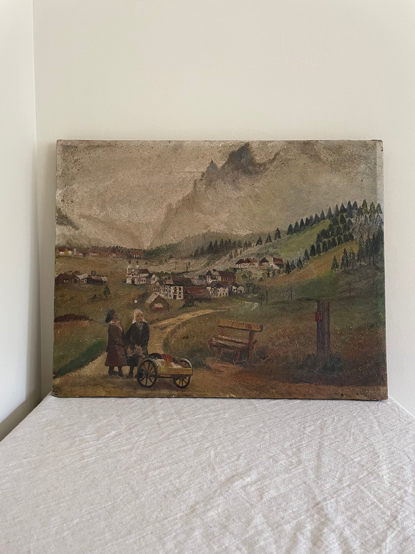 Antique Alpine oil landscape unframed on canvas