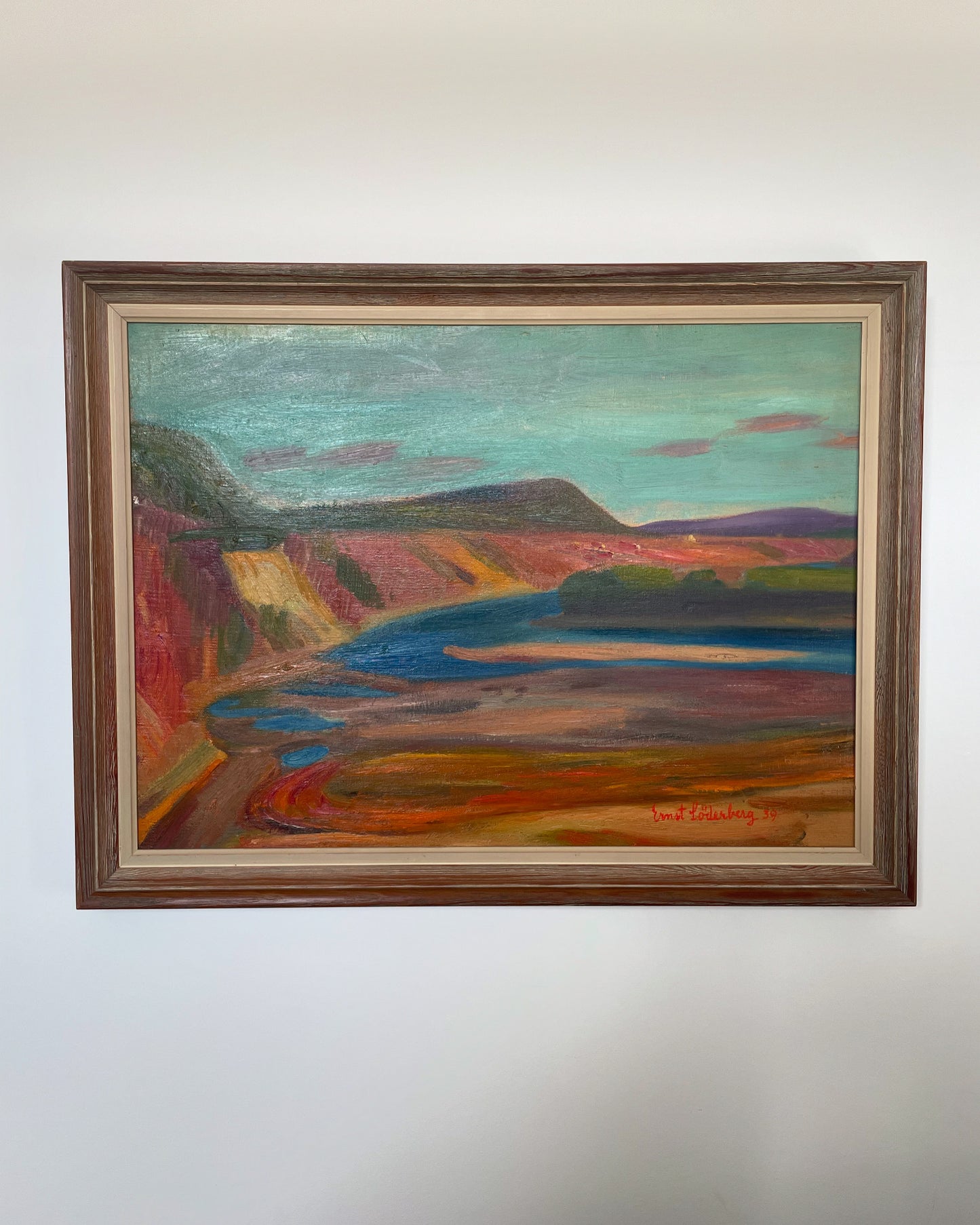 Original oil painting of colourful cliffs and river