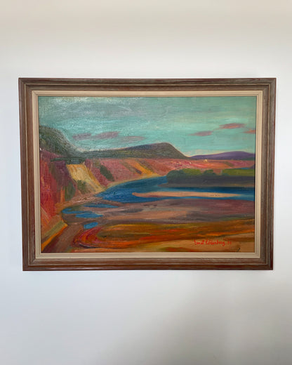 Original oil painting of colourful cliffs and river