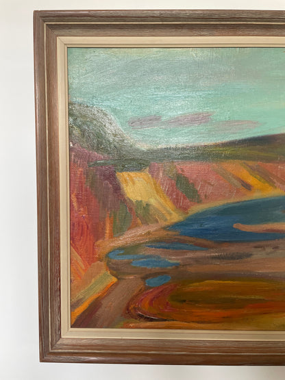 Original oil painting of colourful cliffs and river