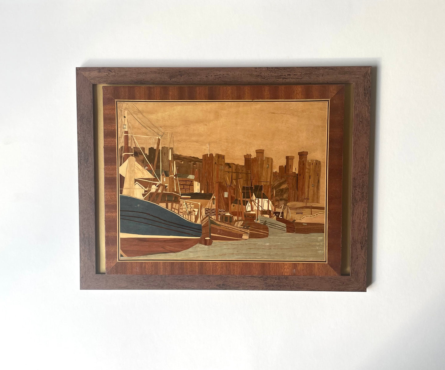 Mid 20th century inlaid wooden framed art of harbour