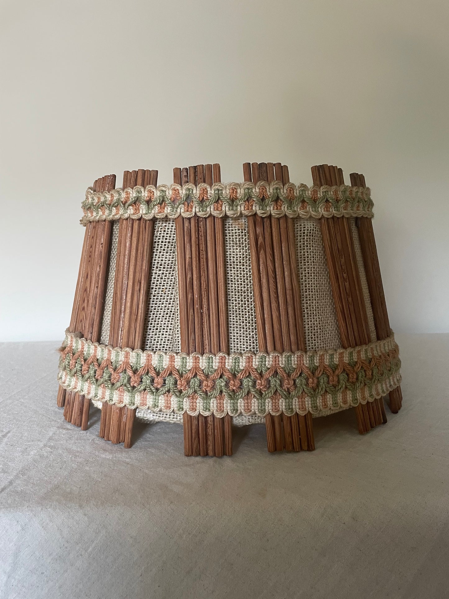 Wooden round lampshade with embroidery detail
