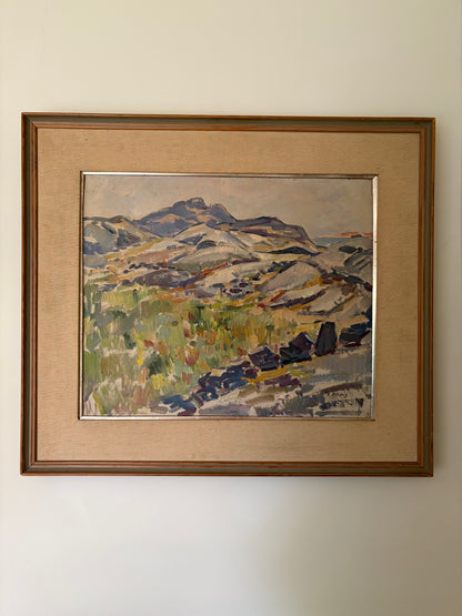 Vintage original oil artwork by Edvin Ollers - purple and green mountain landscape