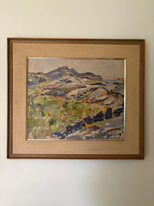 Vintage original oil artwork by Edvin Ollers - purple and green mountain landscape