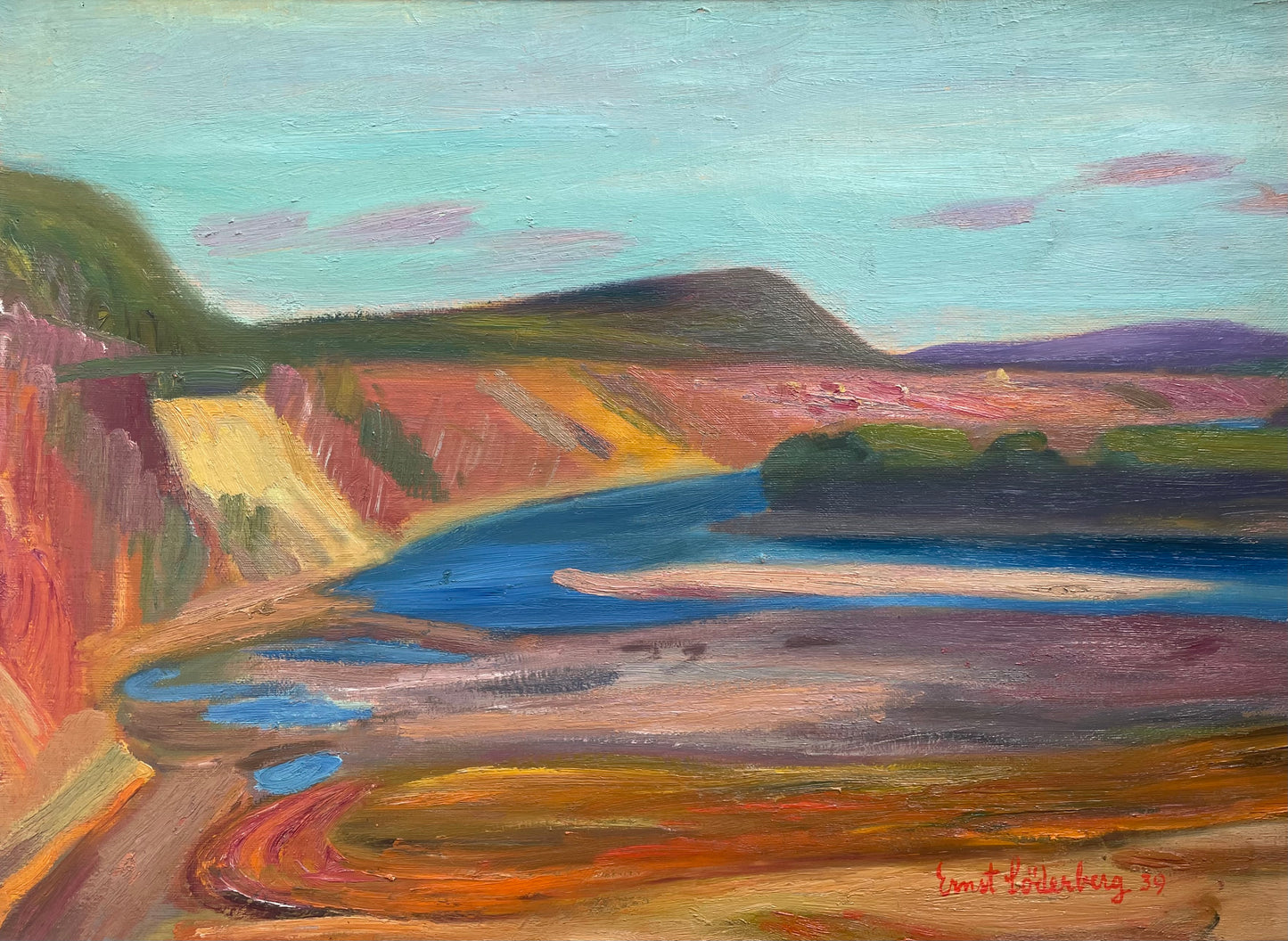 Original oil painting of colourful cliffs and river