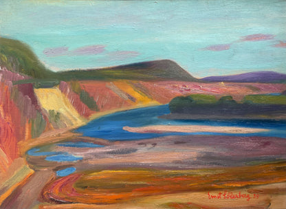 Original oil painting of colourful cliffs and river