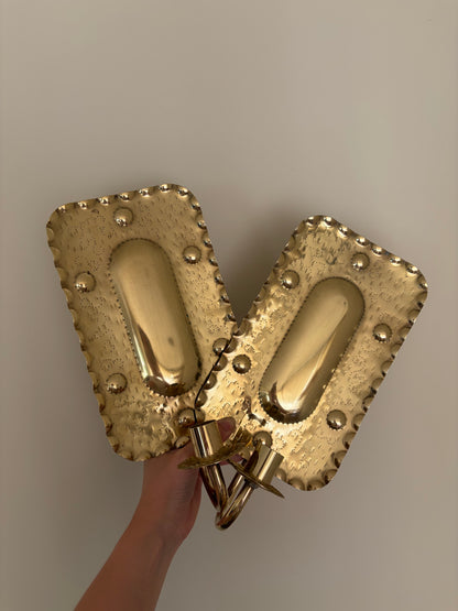 Pair of vintage brass candle sconces in a rectangular embossed design, Sweden
