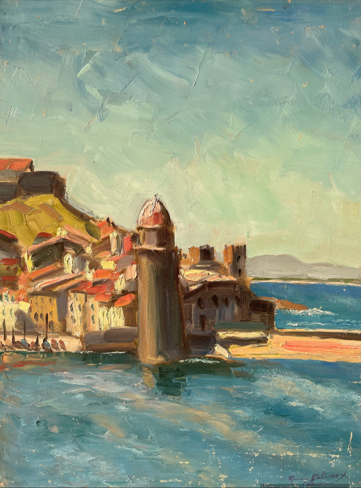 Oil painting on board of Collioure in France by René Belvaux (1903-1984), Belgian artist from Liège