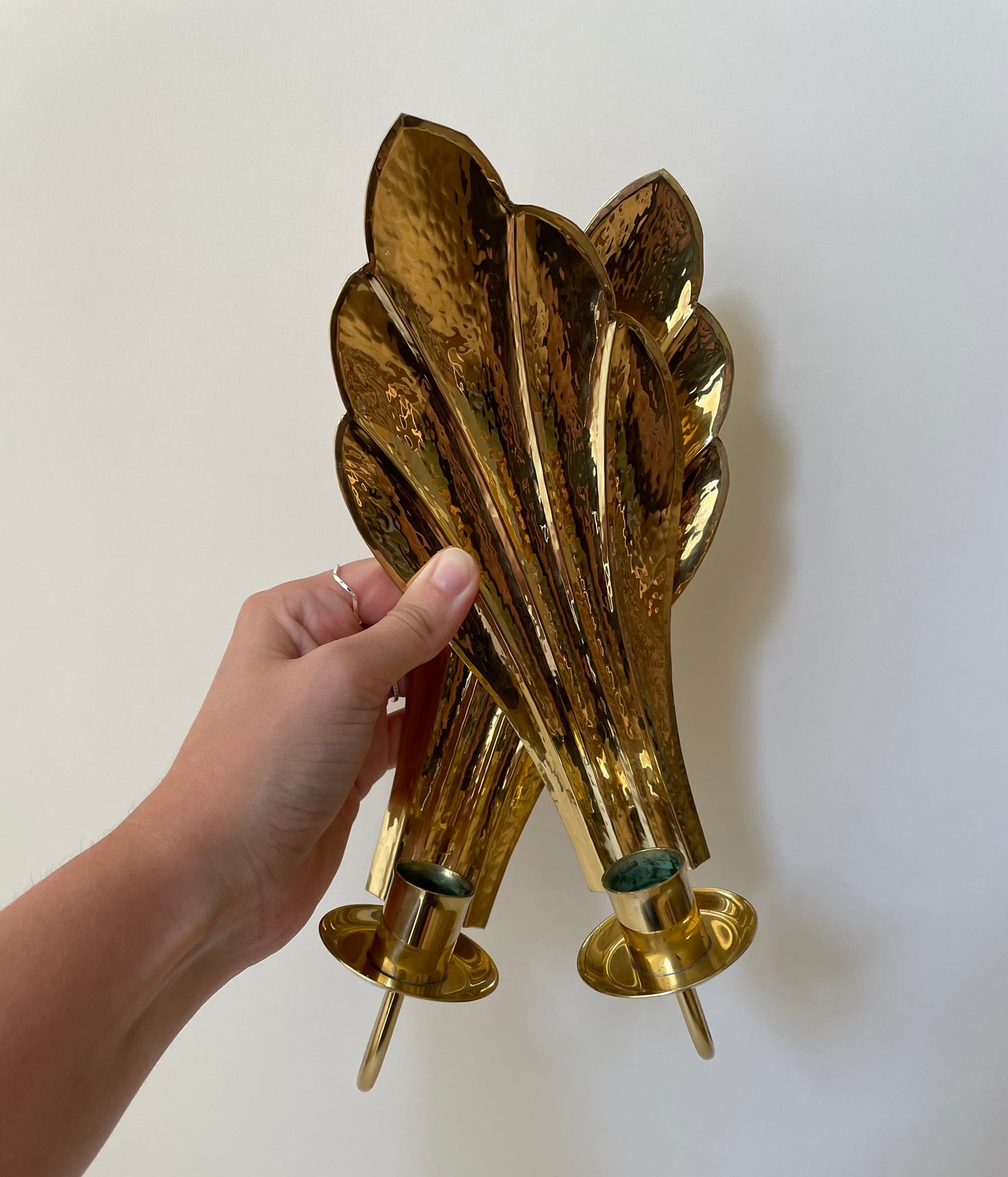 Brass hammered shell wall sconces