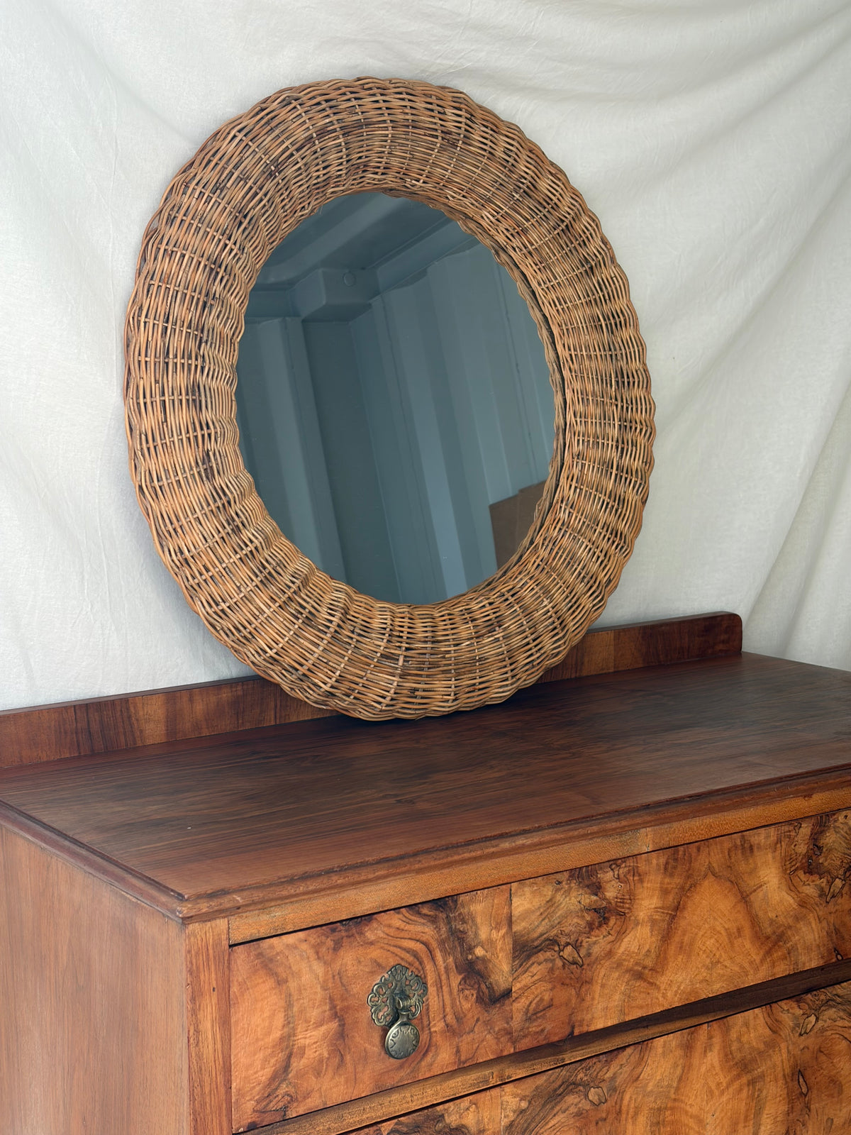 Vintage round wicker mirror