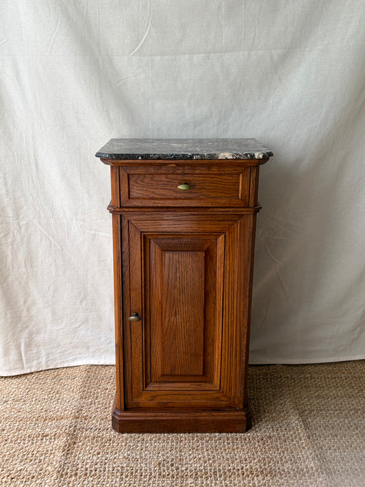 Antique French cupboard side table with dark marble top