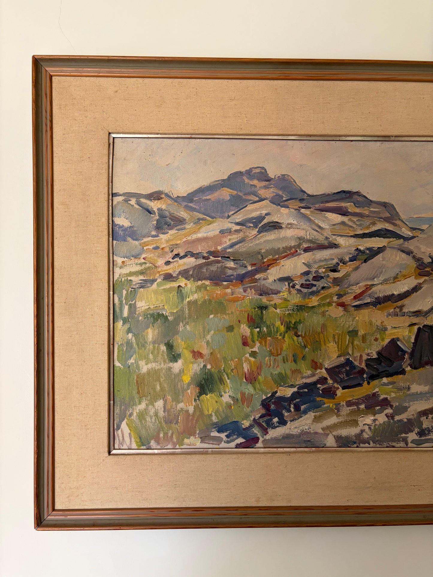 Vintage original oil artwork by Edvin Ollers - purple and green mountain landscape