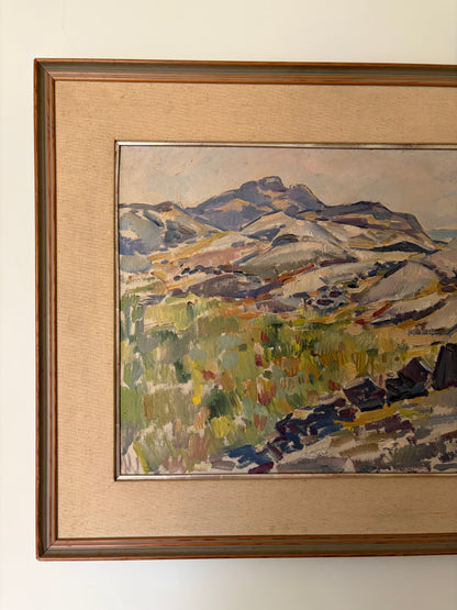 Vintage original oil artwork by Edvin Ollers - purple and green mountain landscape