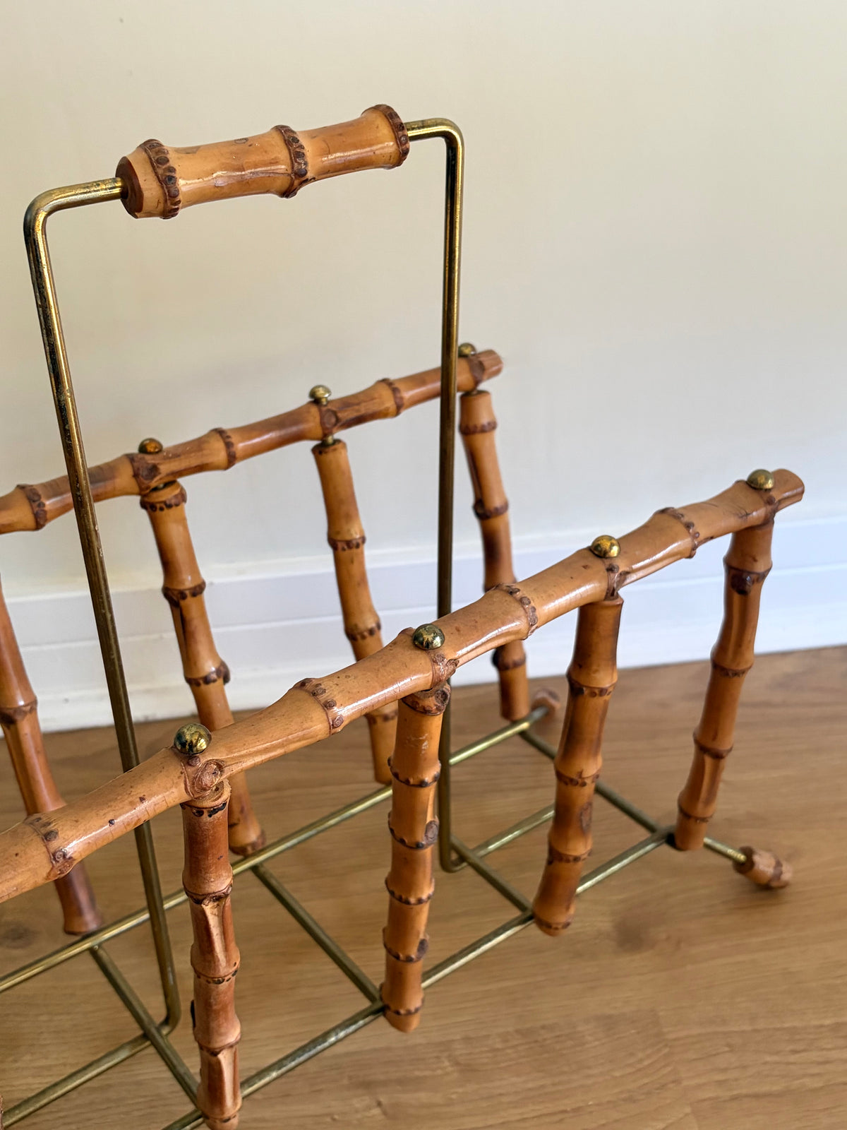 Vintage faux bamboo and metal magazine holder