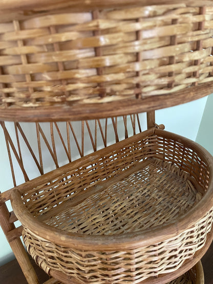 Three tiered vintage bamboo and rattan wall hung shelf