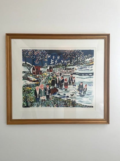 A colorful winter's day lithograph by Sven Lidberg, depicting a vibrant scene with people and snow, framed in a gold wooden frame.