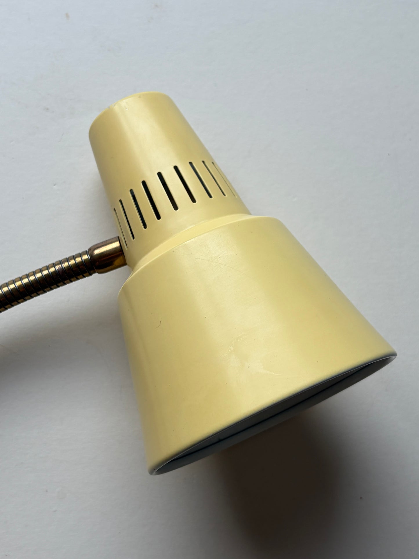 Vintage butter yellow small midcentury wall light with brass gooseneck