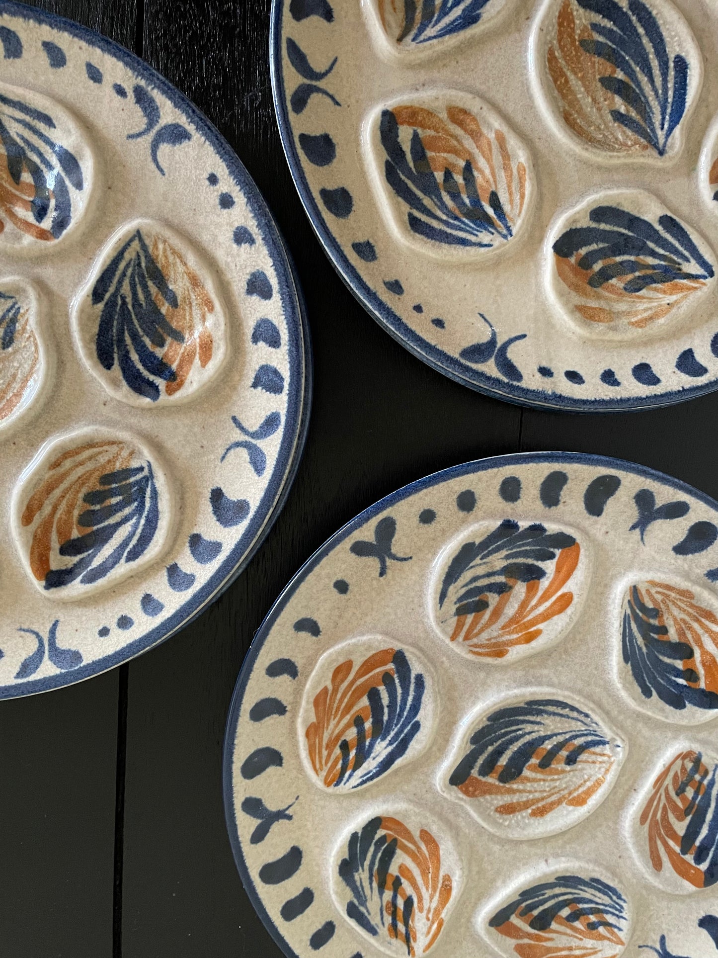 French vintage oyster plates with blue and orange details