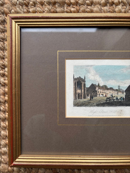 Antique framed engraving print of Bedford High Street, circa 1818