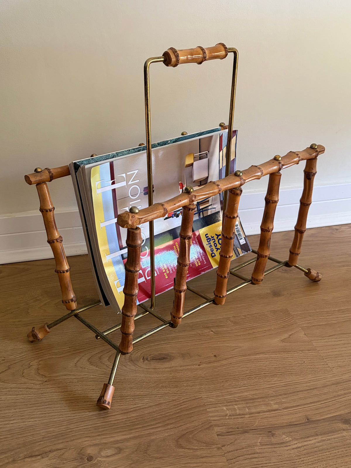 Vintage faux bamboo and metal magazine holder