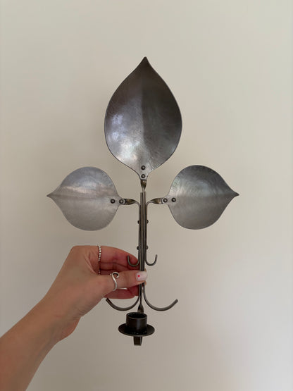 Pair of vintage pewter leaf shaped candle sconces
