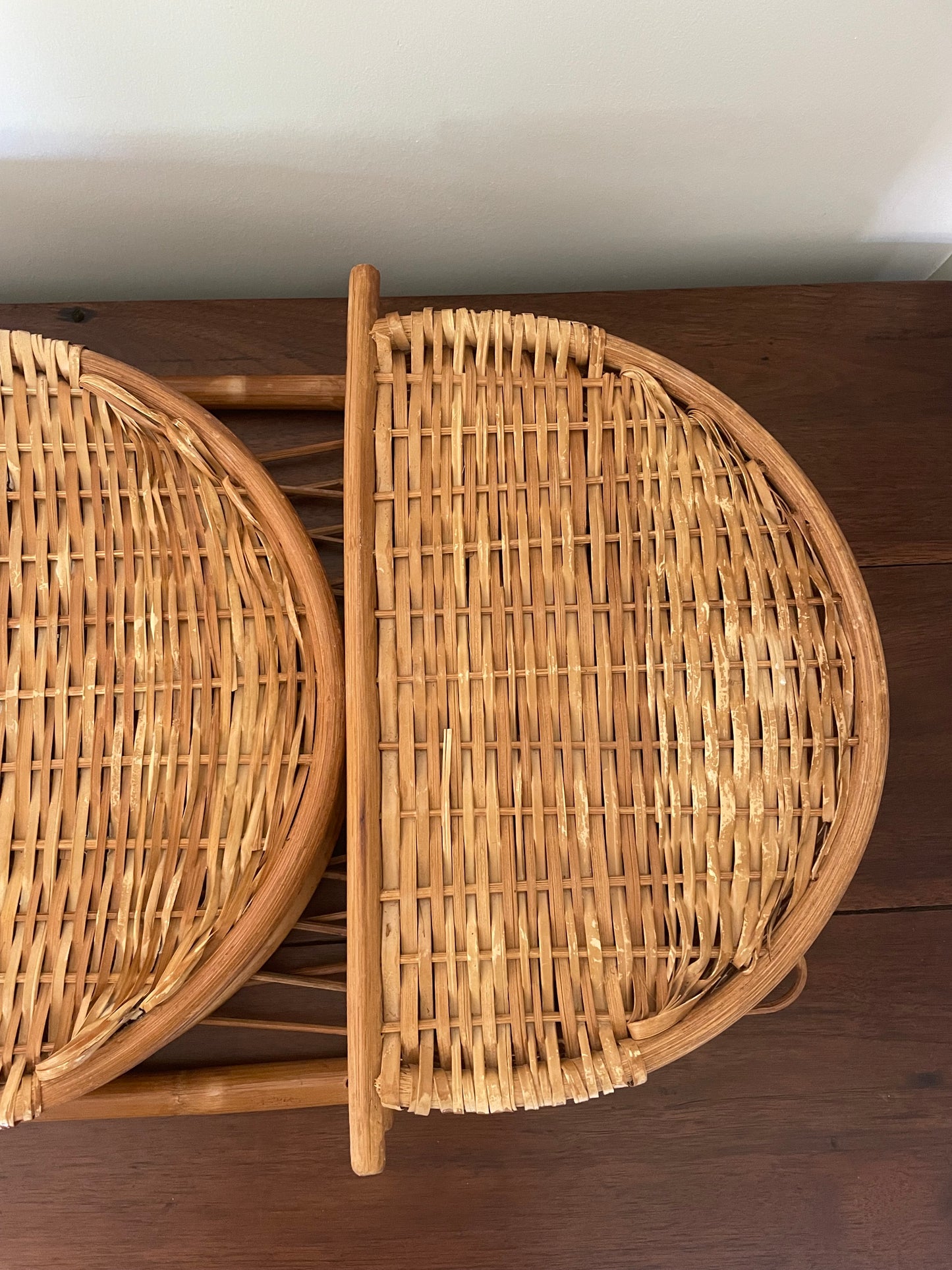 Three tiered vintage bamboo and rattan wall hung shelf