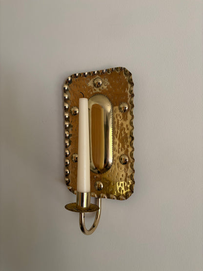 Pair of vintage brass candle sconces in a rectangular embossed design, Sweden
