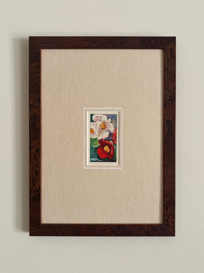 Antique begonia light pink and red flower print in teak frame