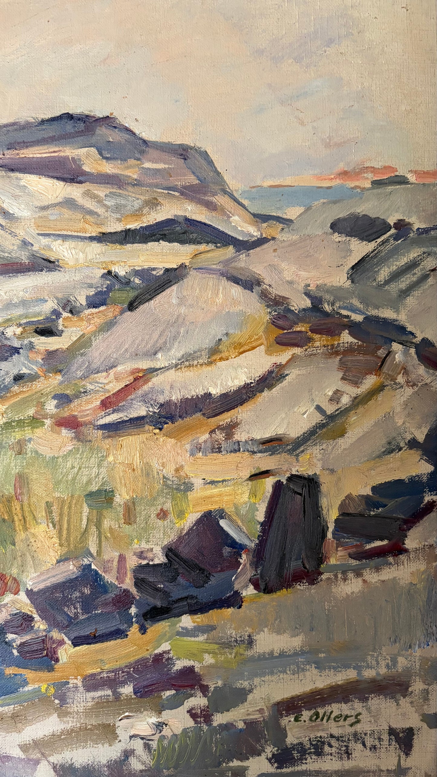 Vintage original oil artwork by Edvin Ollers - purple and green mountain landscape