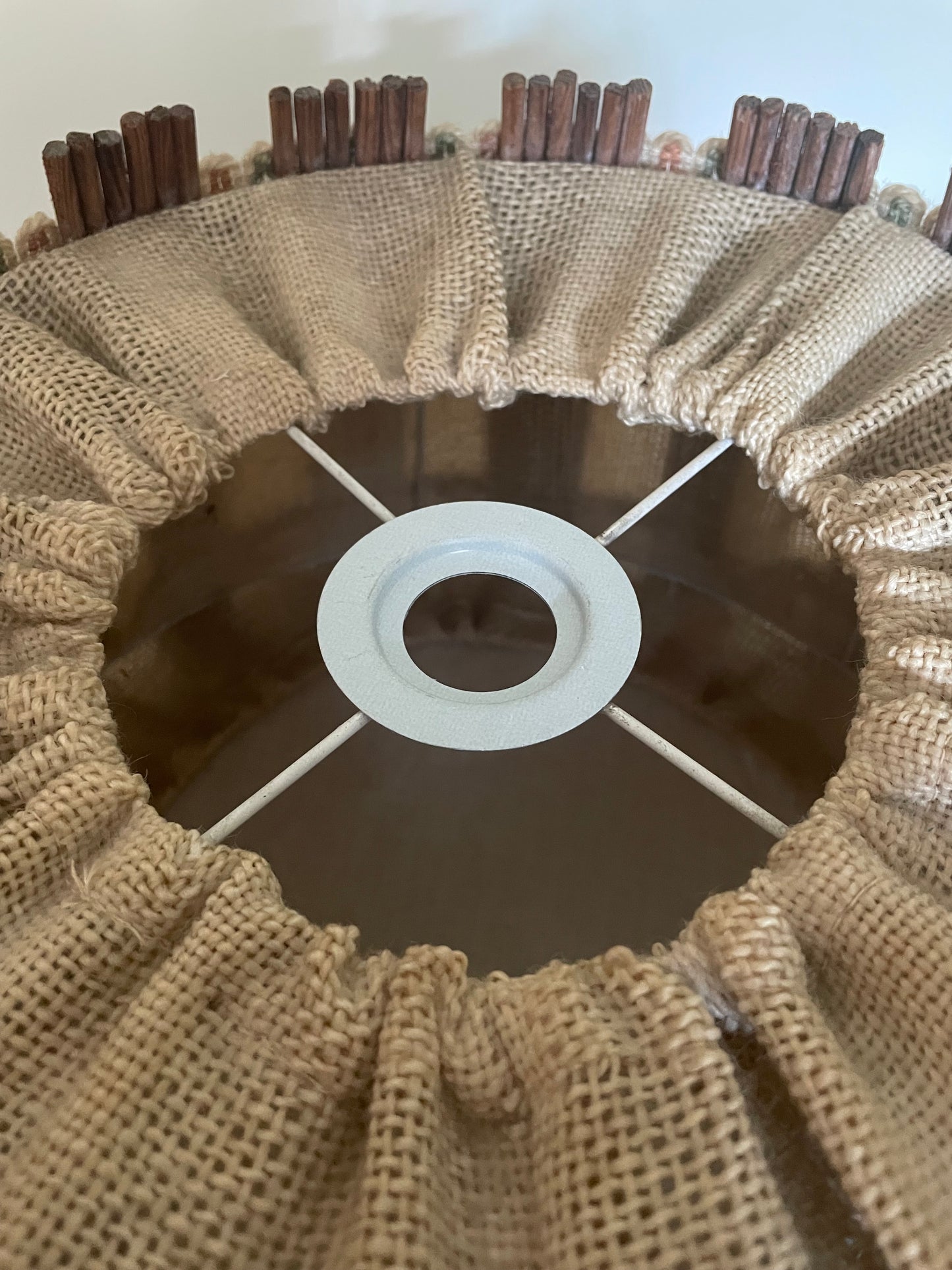Wooden round lampshade with embroidery detail