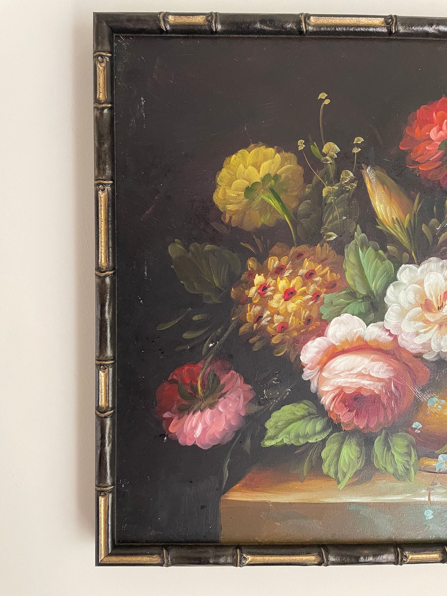 Vintage dark florals in faux bamboo frame