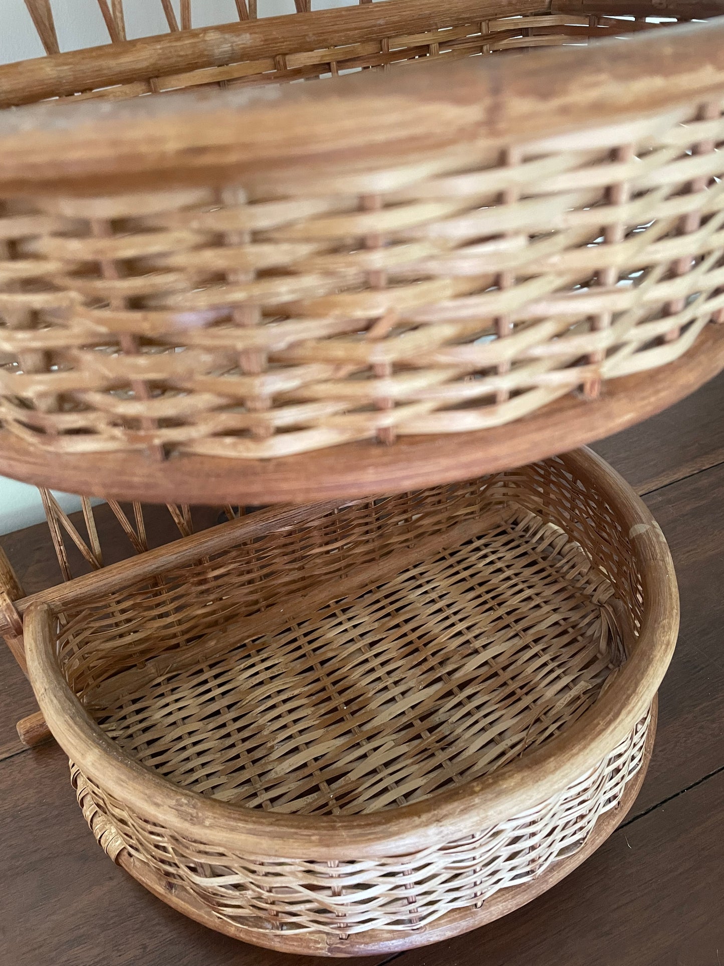 Three tiered vintage bamboo and rattan wall hung shelf