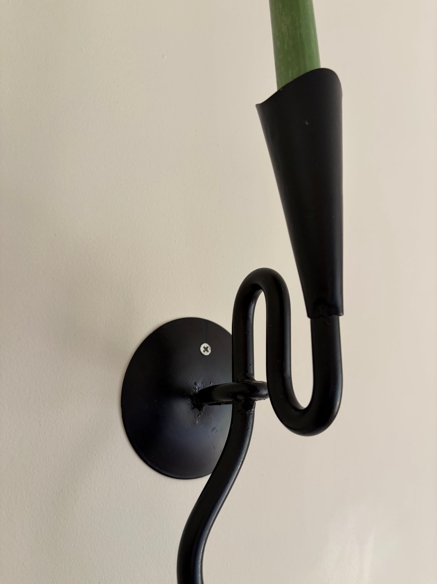 Pair of vintage wrought iron black squiggle candle wall sconces