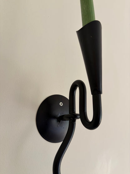 Pair of vintage wrought iron black squiggle candle wall sconces