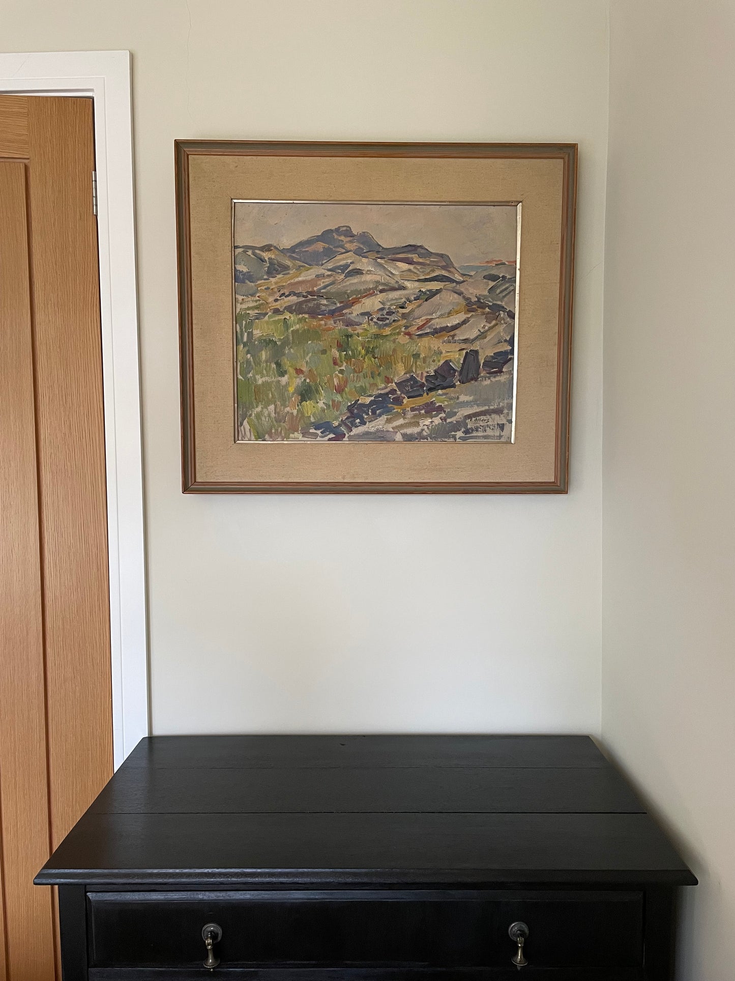 Vintage original oil artwork by Edvin Ollers - purple and green mountain landscape