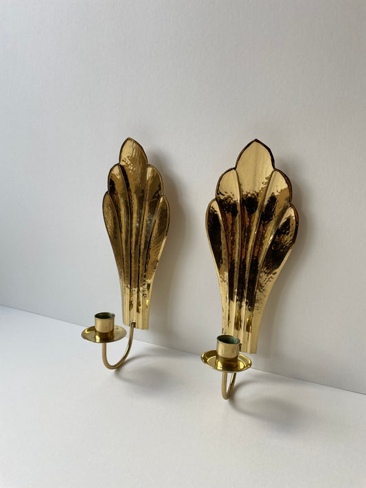 Brass hammered shell wall sconces