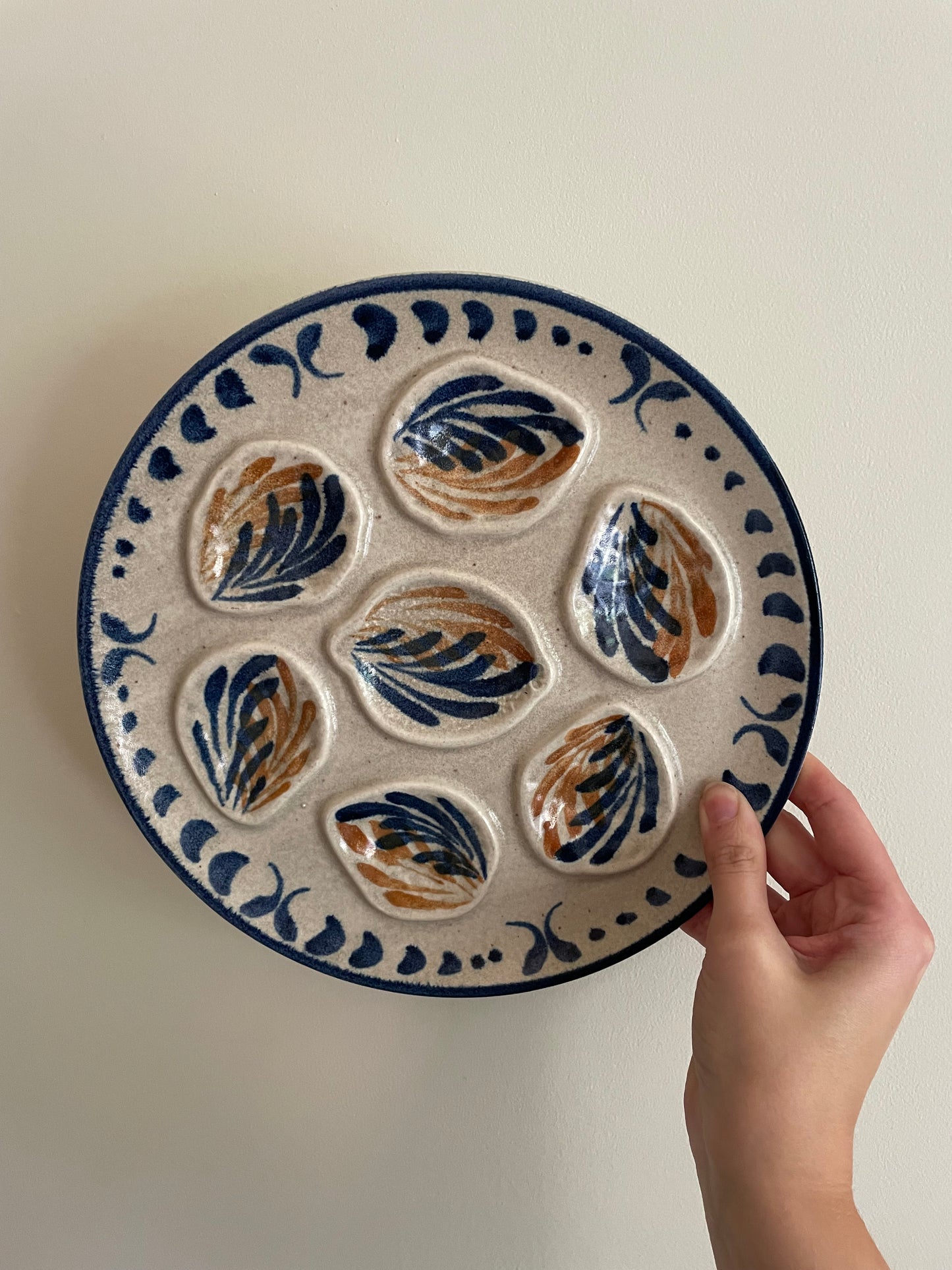 French vintage oyster plates with blue and orange details