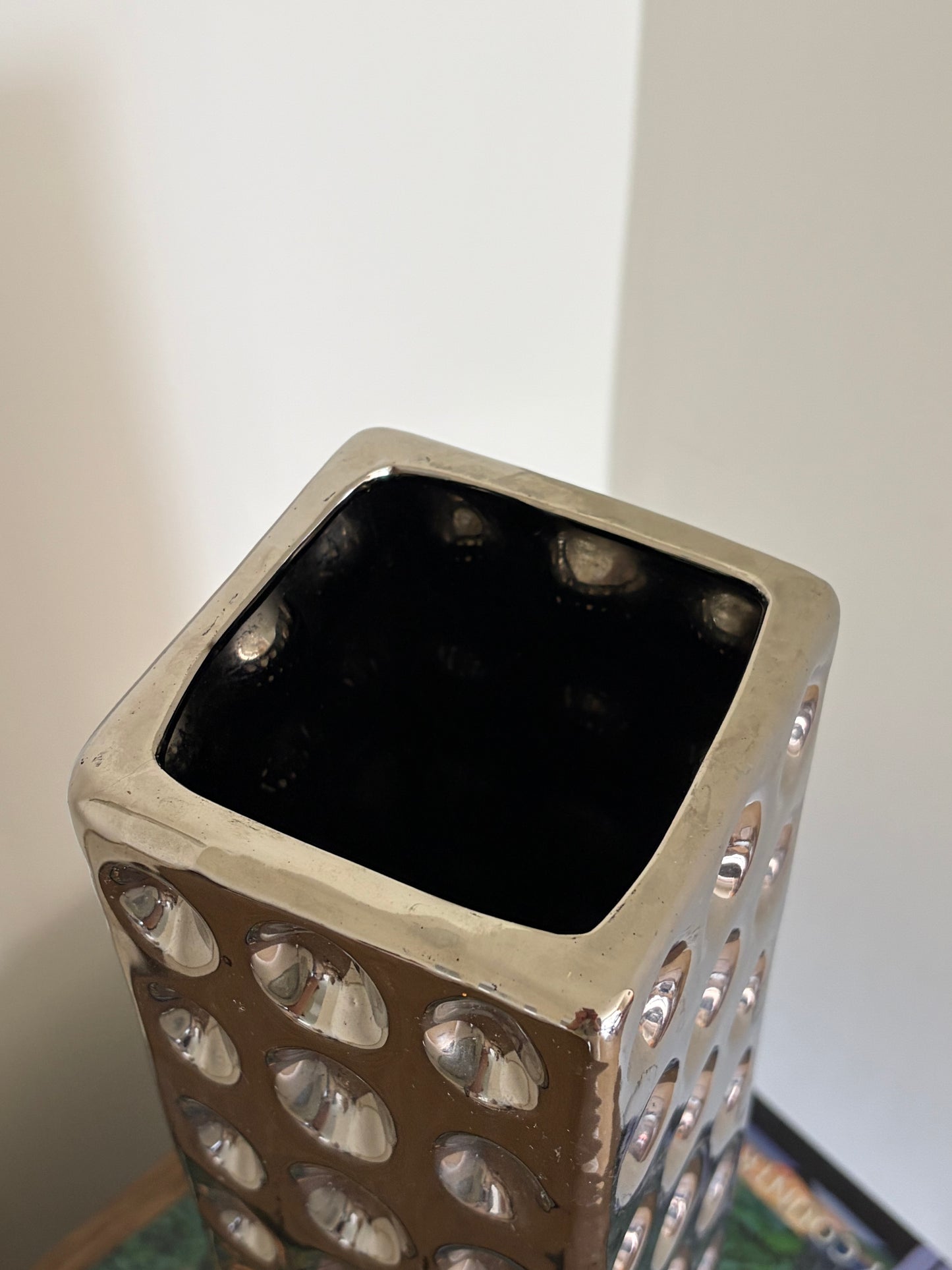 Vintage chrome rectangle vase with circle indents