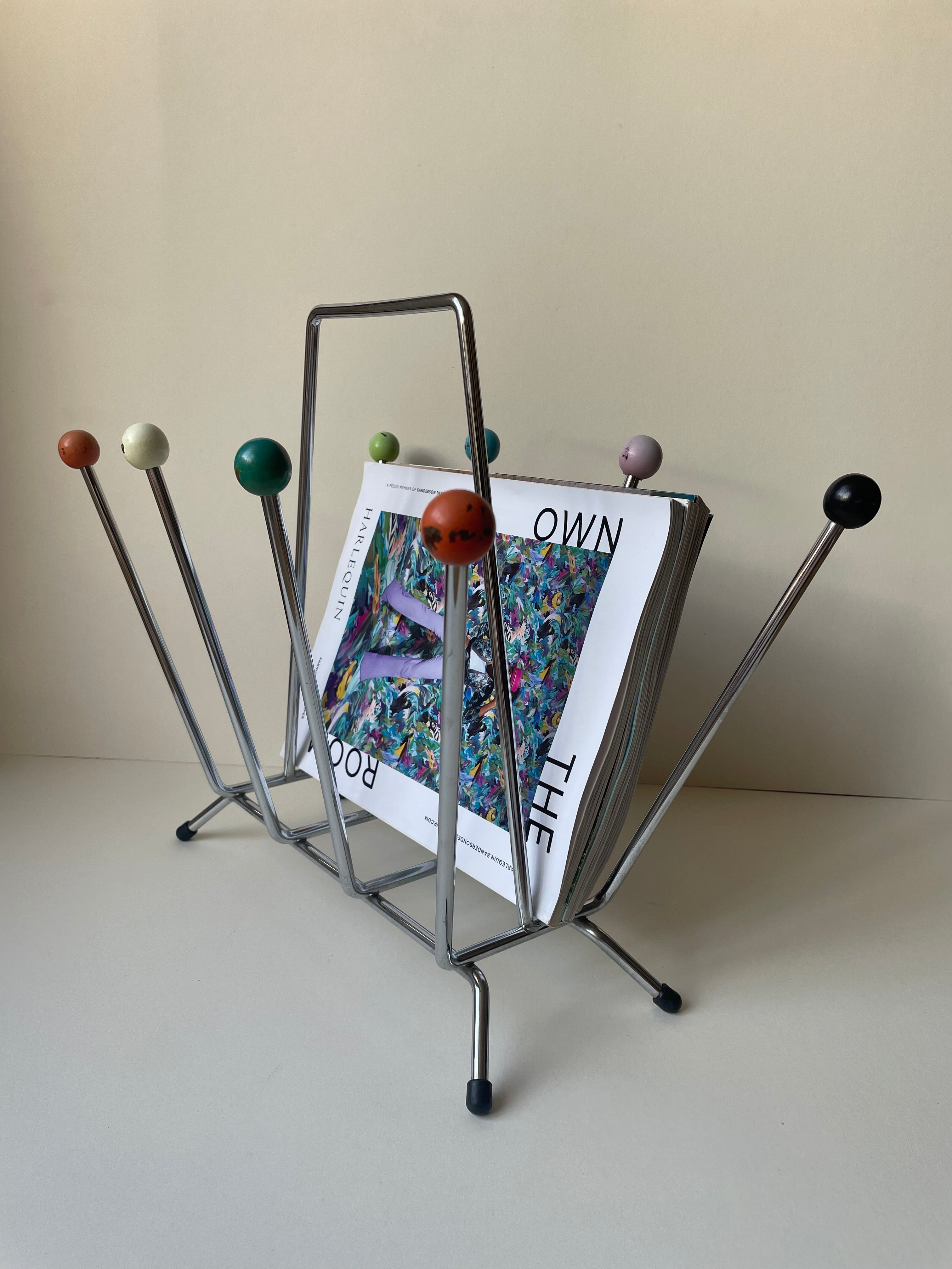 Chrome Sputnik magazine rack/record holder – Talie’s Trove